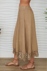 Camel Crochet Lace Hem Linen Skirt