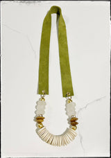 Suede Strap Necklace Bone Glass Beads Coconut Wood- Green
