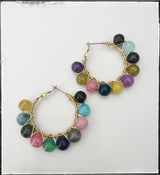 Wire Wrapped Hoop Glass Bead Dangle Earring Agate Gemstone