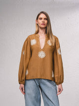 Camel Fluid blouse with embroidery