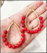 Teardrop Hoop Gemstone Bead Dangle Earrings Coral Bamboo Red