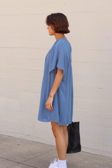 Blue Short Sleeve Shift Dress with Front Detail