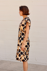 Black/Beige Print Short Sleeve V-Neck Dress