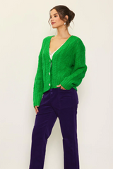 Green V-Neck Pearl Detail Button Cardigan