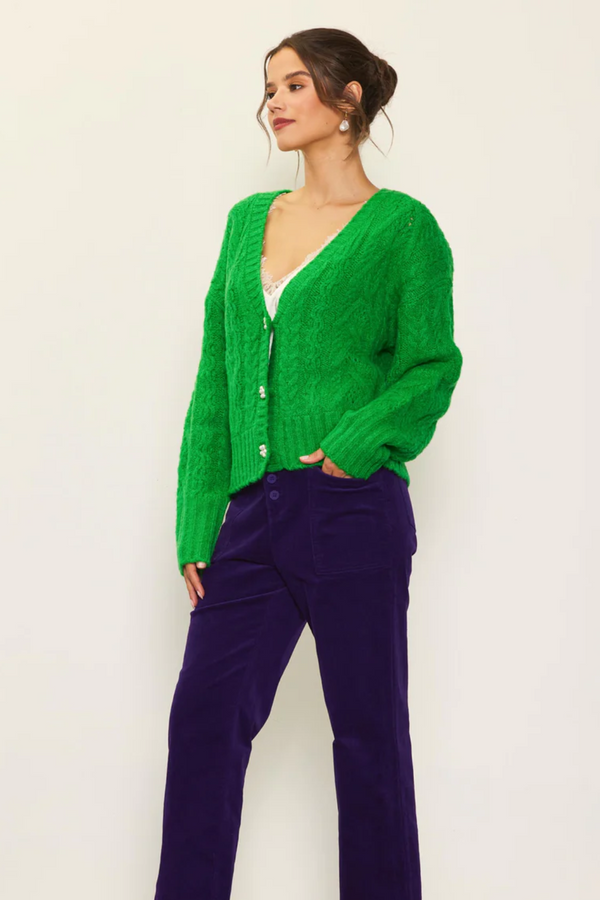 Green V-Neck Pearl Detail Button Cardigan