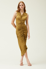 Brown/Olive Soft Jersey Shirring Sleeveless Midi Dress