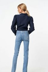 Navy Eyelet Tie Front Long Sleeve Top