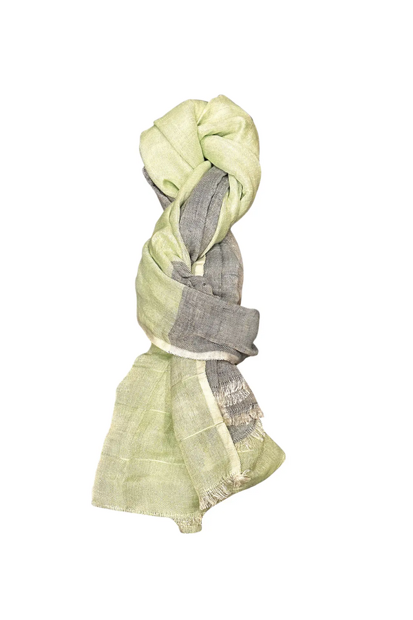 Navy/Green Linen Scarf with Feather Fringe