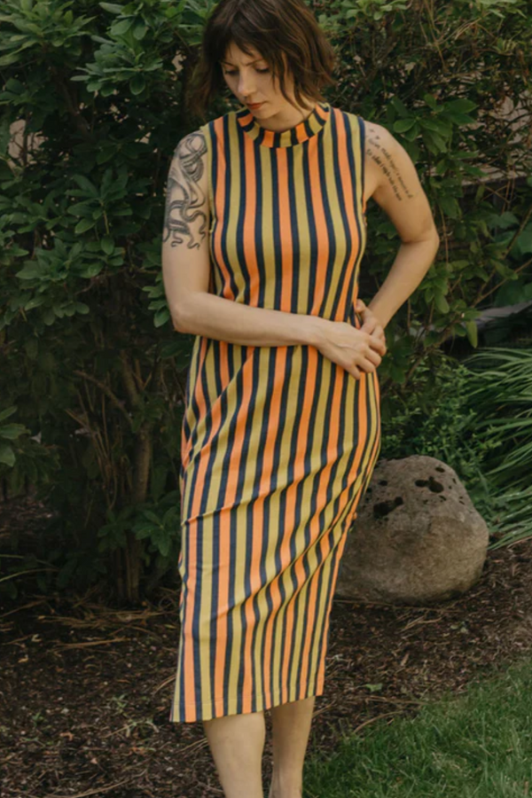 Maggie Mock Neck Dress - Navy Chartreuse Stripe