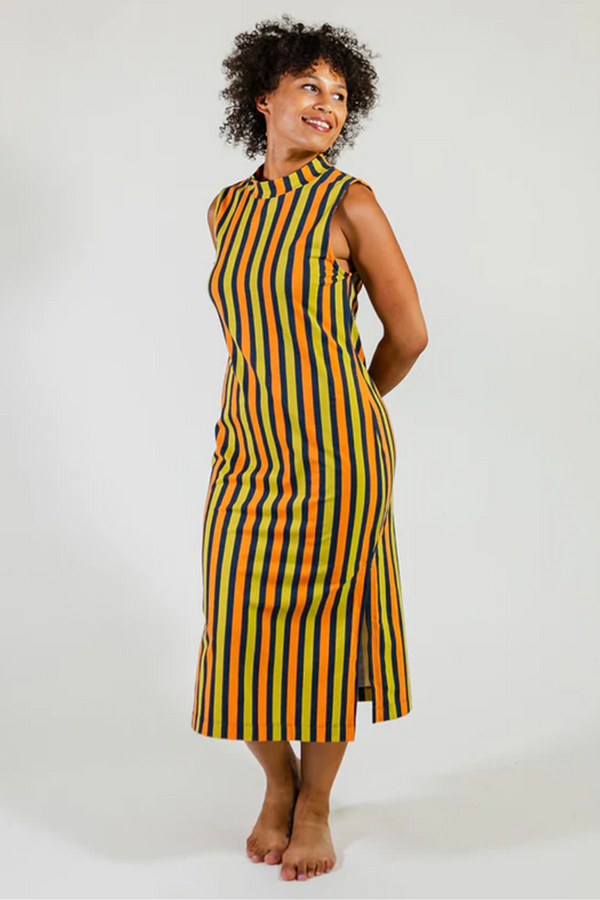 Maggie Mock Neck Dress - Navy Chartreuse Stripe