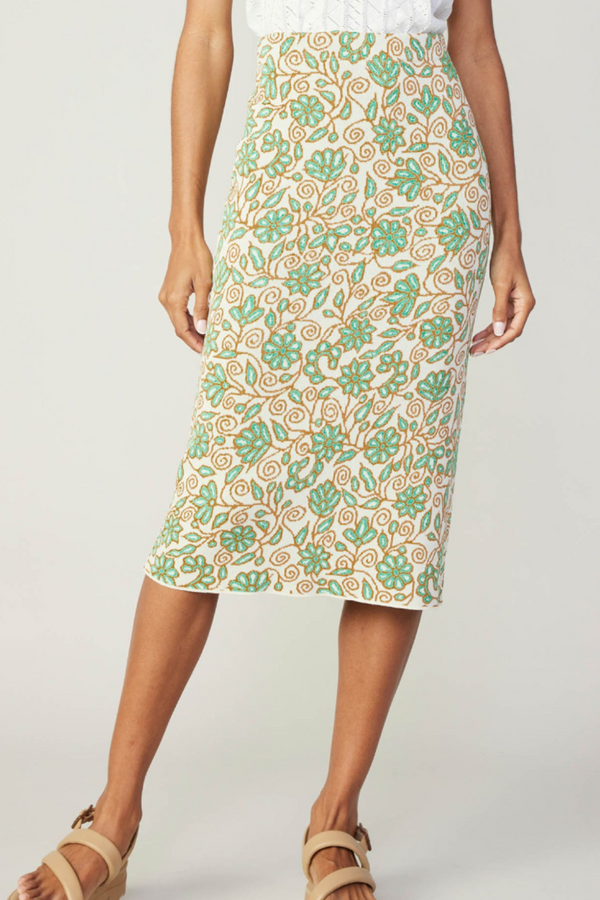 Green Floral Midi Knit Skirt