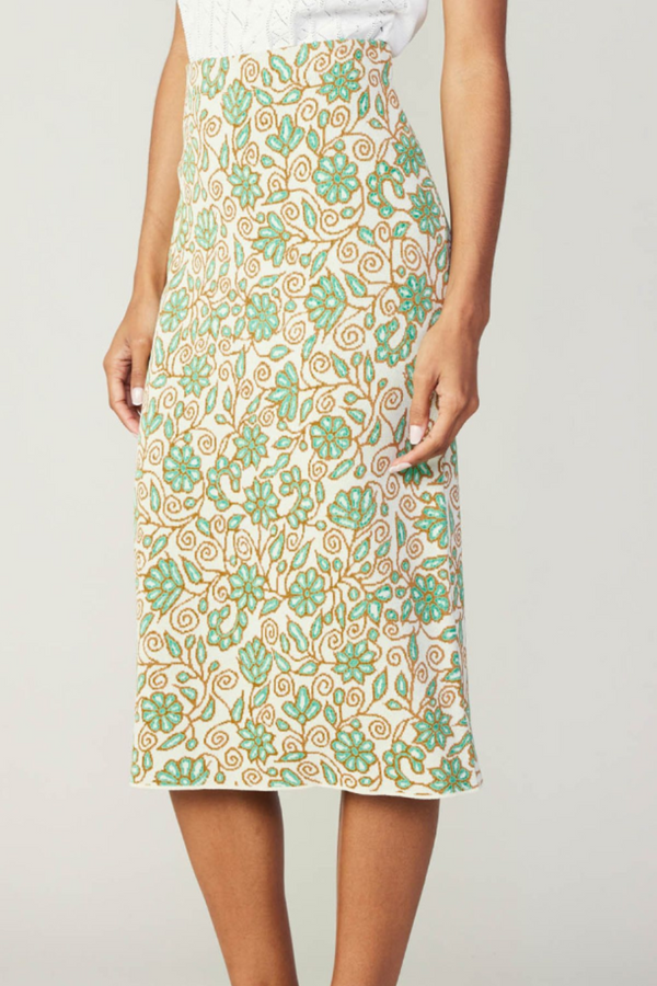 Green Floral Midi Knit Skirt