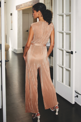 Golden Sand Velvet Pleated Tie Waist Jumpsuit