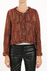 Red Sequined Fringe Detail Tweed Plaid Jacket