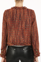 Red Sequined Fringe Detail Tweed Plaid Jacket