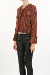Red Sequined Fringe Detail Tweed Plaid Jacket