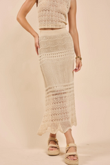 Cream Dya Crochet Knit Midi Skirt