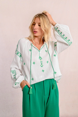 White with Green Embroidery Long Sleeve Top