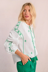 White with Green Embroidery Long Sleeve Top