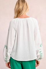 White with Green Embroidery Long Sleeve Top