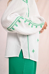 White with Green Embroidery Long Sleeve Top