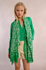Green and White Floral Print Scarf