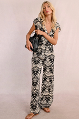 Black and Cream Short Sleeve V-Neck Wide Leg Jumpsuit