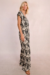 Black and Cream Short Sleeve V-Neck Wide Leg Jumpsuit