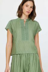 Light Sage Boxy Cropped with Button Front Detail Short Sleeve