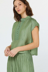 Light Sage Boxy Cropped with Button Front Detail Short Sleeve