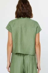 Light Sage Boxy Cropped with Button Front Detail Short Sleeve