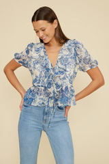 Blue Floral Bee Ruffle Top