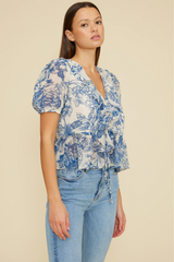 Blue Floral Bee Ruffle Top