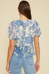 Blue Floral Bee Ruffle Top