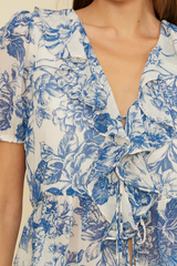 Blue Floral Bee Ruffle Top