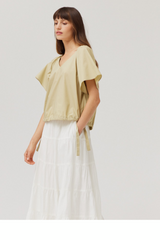 Pistachio Side Ribbon Tie V-Neck Short Sleeve Top