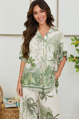 Tropical Palm Tree Button Front Linen Top