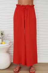 Red Cotton Gauze Drawstring Pants