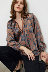 Brown/Navy Print Long Sleeve Split Neck Top