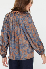 Brown/Navy Print Long Sleeve Split Neck Top
