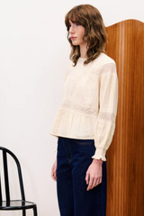 Off White Lace Detail Long Sleeve Top