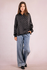 Black and White Long Sleeve Polka Dot Top