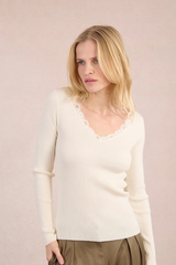 Off White Long Sleeve Lace Detail Neck Knit Top