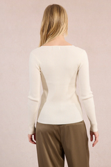 Off White Long Sleeve Lace Detail Neck Knit Top