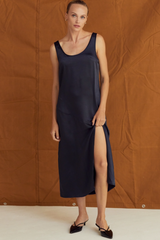 Navy Derin Sleeveless Satin Dress