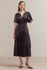 Black Floral Print Midi Dress