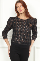 Black Plaid Lace Top with Flower Detail