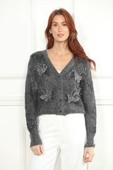 Metallic Grey Cardigan Sweater with 3D Butterflies