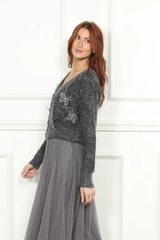 Metallic Grey Cardigan Sweater with 3D Butterflies