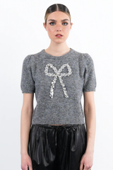 Grey Knit Short Sleeve Sweater with Embossed Bow